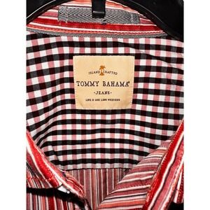 Tommy Bahama Jeans Mens XL TG Red White Black Gingham Stripe Button Down Shirt